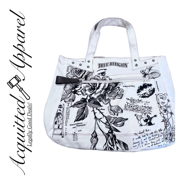 RARE True Religion White Black Canvas Tote Shoulder Bag - Picture 1 of 16